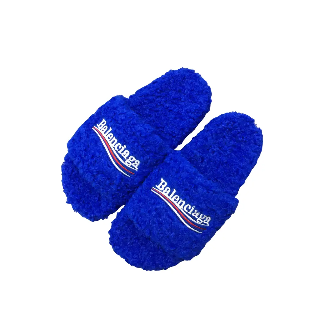 Balenciaga Furry Open Mules Blue Signature Embroidered Faux 2026 | Drip Kickz Balenciaga Furry Open Mules Blue Signature Embroidered Faux
