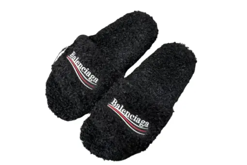 Balenciaga Logo Black Furry Slide Sandals