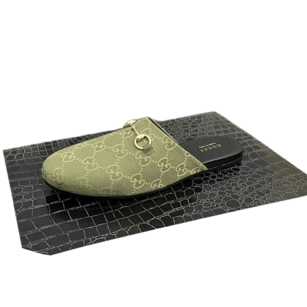 Supreme Motif And Classic Horsebit Khaki Slipper 2026 | Drip Kickz Supreme Motif And Classic Horsebit Khaki Slipper
