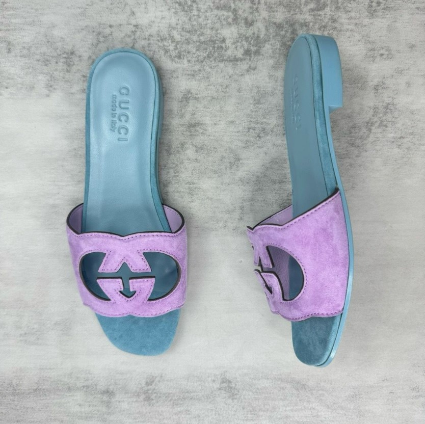 Interlocking G cutout suede slides purple 2026 | Drip Kickz Interlocking G cutout suede slides purple