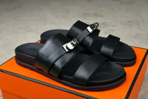 Hermes Jackson Sandals Black Epsom Calfskin Silver