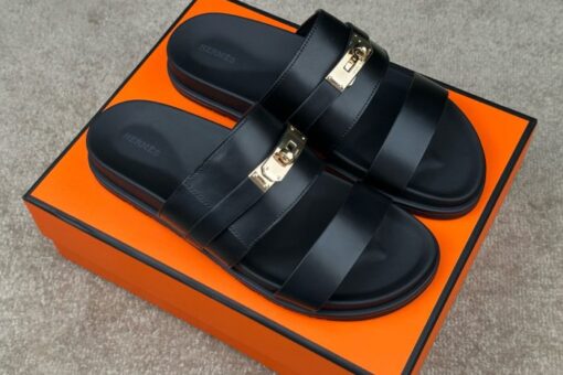 Hermes Jackson Sandals Black Epsom Calfskin Gold