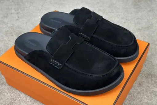 Hermes Mule Slipper Black Suede Leather