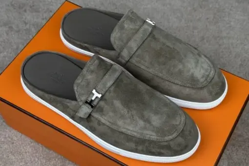 Hermes Mule Slipper Gray Suede Leather