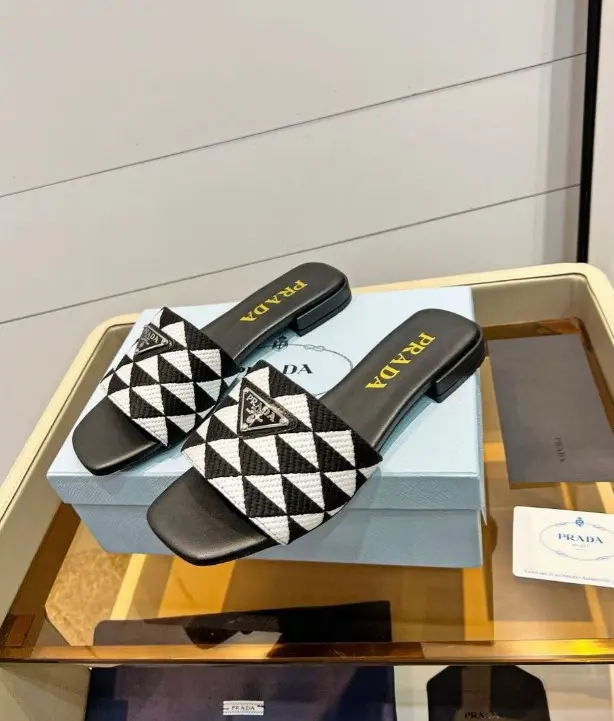 Prada Embroidered fabric slides black white 2026 | Drip Kickz Prada Embroidered fabric slides black white