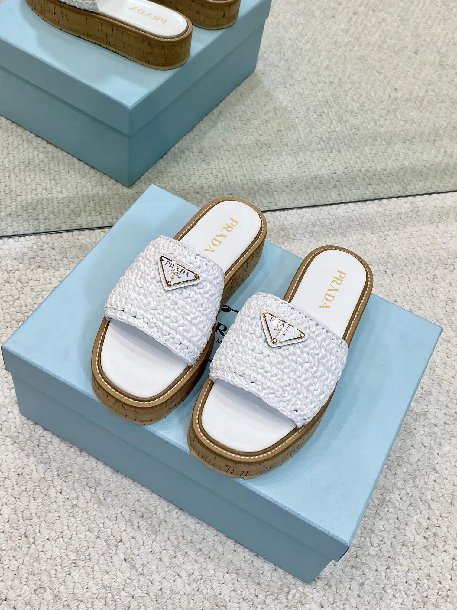 Prada Raffia Flatform Slide Sandal White 2026 | Drip Kickz Prada Raffia Flatform Slide Sandal White