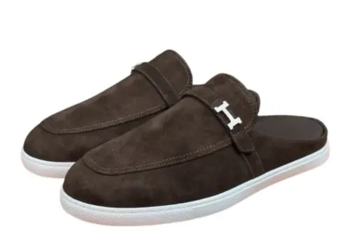 Hermes Mule Slipper Dark Brown Suede Leather