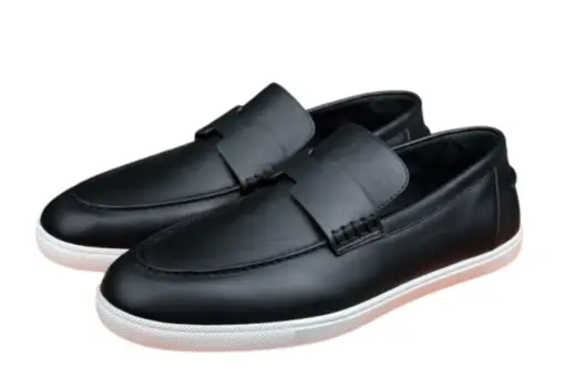Hermes Job Black Loafers Calfskin With White Rubber Sole