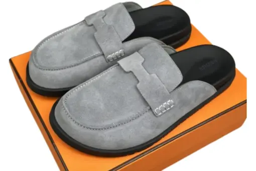 Hermes Mule Slipper Grey Suede Leather