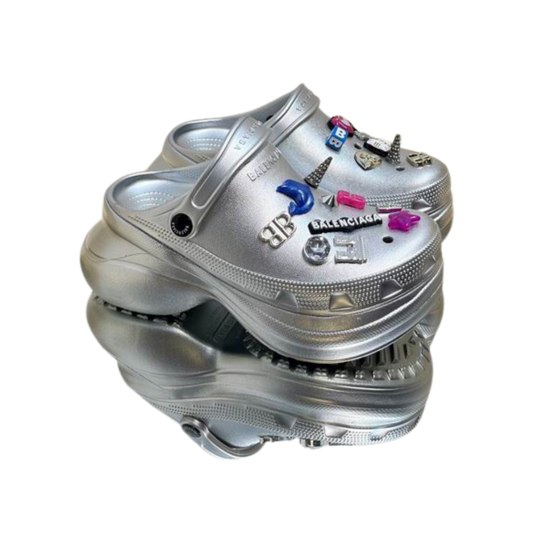 Balenciaga Grey Mules Removable Logo Charms 2026 | Drip Kickz Balenciaga Grey Mules Removable Logo Charms