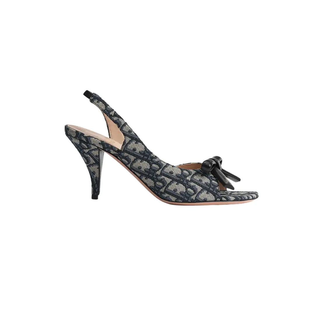 Bow Heeled Slingback Sandal Deep Blue Oblique Embroidered Cotton 2026 | Drip Kickz Bow Heeled Slingback Sandal Deep Blue Oblique Embroidered Cotton