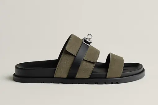 Hermès Jackson Sandals Noir Calfskin Palladium Kelly Buckle Grey