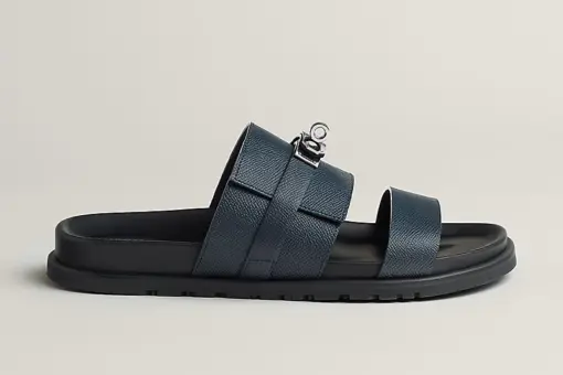 Hermès Jackson Sandals Noir Calfskin Palladium Kelly Buckle Navy Blue