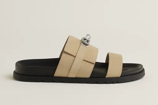 Hermès Jackson Sandals Noir Calfskin Palladium Kelly Buckle Beige