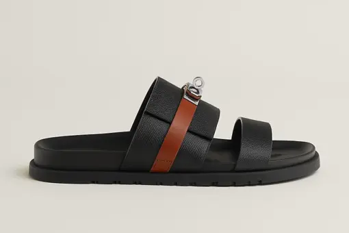 Hermès Jackson Sandals Noir Calfskin Palladium Kelly Buckle Brown Black