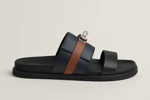 Hermès Jackson Sandals Noir Calfskin Palladium Kelly Buckle Brown Navy Blue